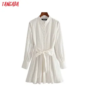 

Tangada women white embroidery shirt dress with slash long sleeve 2020 new females mini dresses vestidos 3H104