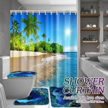 

Sea Theme Mat Shower Curtain Beach Luxurious Spray Bathroom