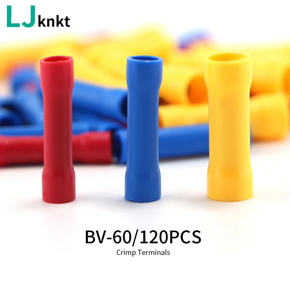 

60/120pcs BV1.25 BV2.5 BV5.5 Insulated Crimp Terminals Electrical Wire Cable Connector Set Assortment Crimping Kit Straight Butt