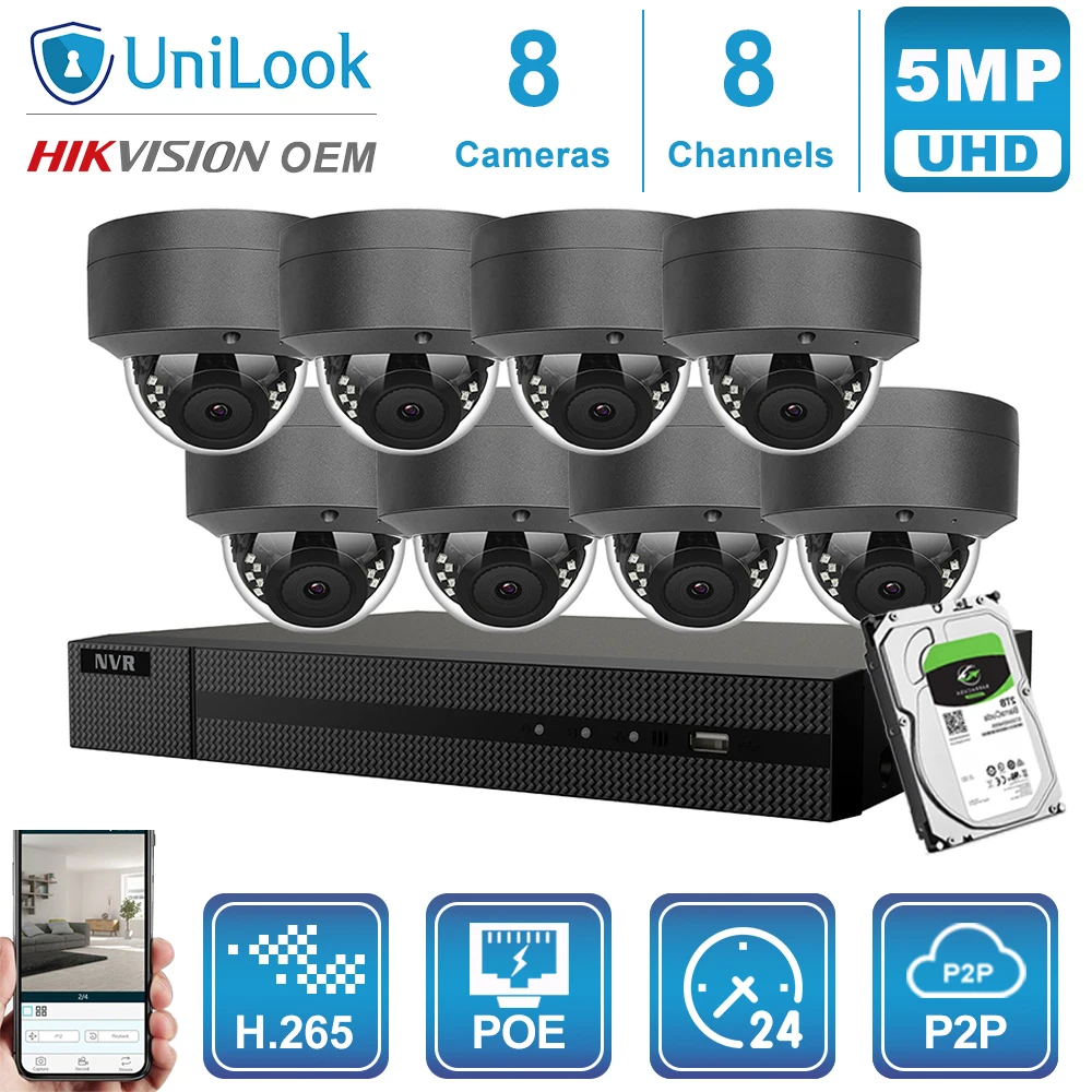 Hikvision OEM 8CH 4 к NVR 5MP POE IP Камера 4/6/8 шт. Открытый безопасности Системы ONVIF H.265 CCTV видео NVR Наборы с 1/2/4 ТБ HDD - Цвет: 8 Gray Cams Kit