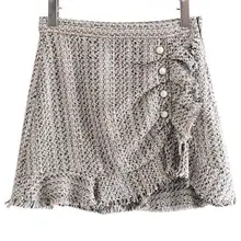 Женская модная повседневная твидовая юбка с жемчужными пуговицами, элегантная мини-юбка трапециевидной формы