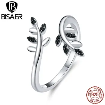 

BISAER Ring 925 Sterling Silver Branch Open Black Zircon Adjustable Size Finger Rings For Women New Fashion 2020 Jewelry HVR129