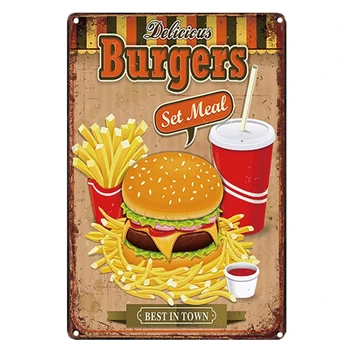 

Delicious Burgers Metal tin Signs Fast Food Wall Art Plaque Hotel Cafe House Home Decor Vintage Hamburgers Poster