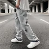 Ripped Retro Hole Cross Embroidery Casual Denim Trousers Mens High Street Washed Straight Oversize Jeans Pants 2