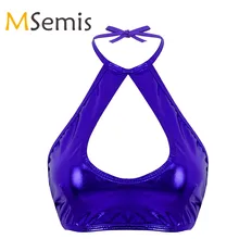 Для женщин Плавание костюм Верхний сетчатый топ Блестящий металлический кожаный Плавание Топы на бретельках без рукавов с лямкой на шее, с вырезами, сандалии с ремешками укороченный Майки