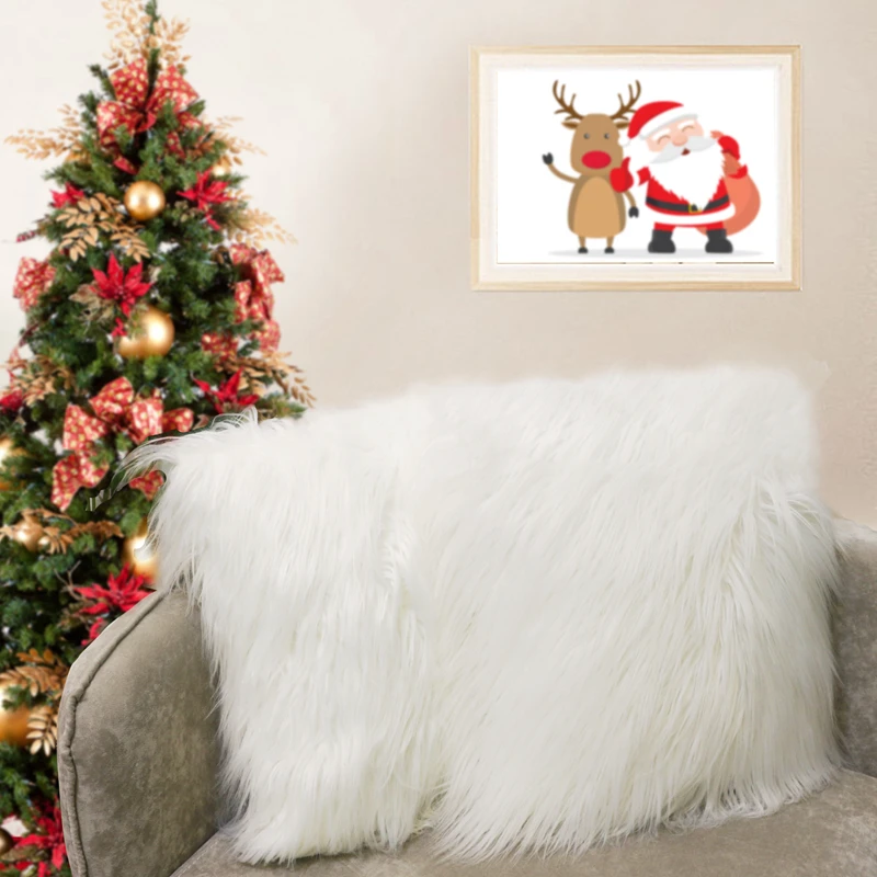 

Luxury White Faux Fur Throw Pillow Case Waist Throw Pillow Case Cushion Cover for Home Bedroom Decor Christmas Decorative 45cm