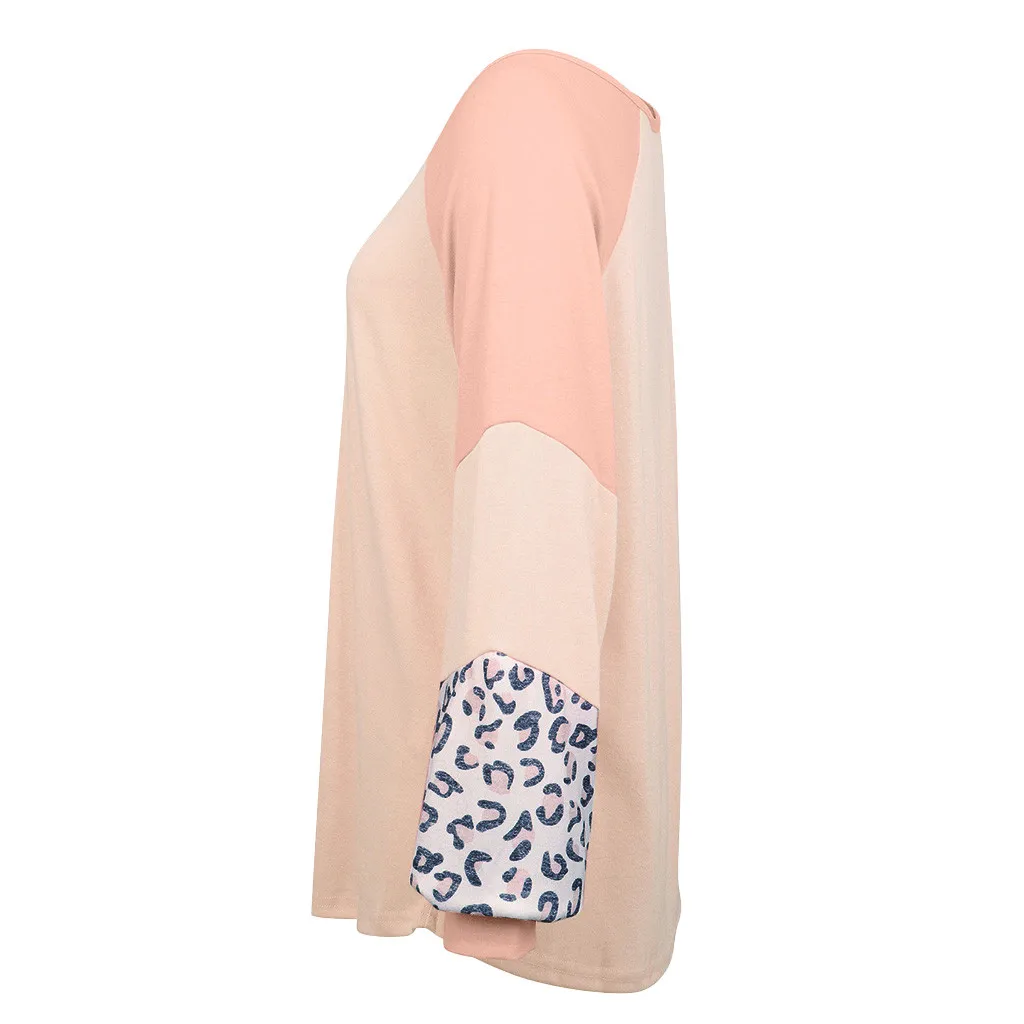 2019 ladies leopard solid color stitching long-sleeved shirt sweater 
