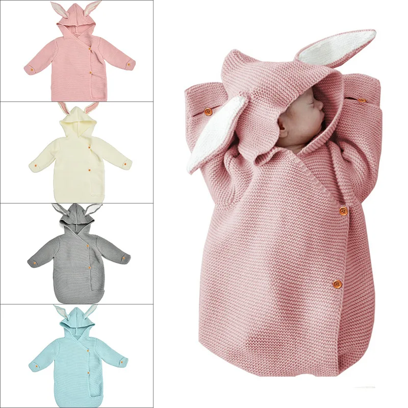 Детский милый вязаный спальный мешок с заячьими ушками, осенне-зимние теплые детские пеленки для младенцев, одеяло для коляски, спальный мешок для новорожденных