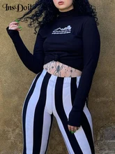 

InsDoit Gothic Letter Embroidery Black T Shirts Women Streetwear Turtleneck Long Sleeve Gloves Top Bodycon Fashion Autumn Tees