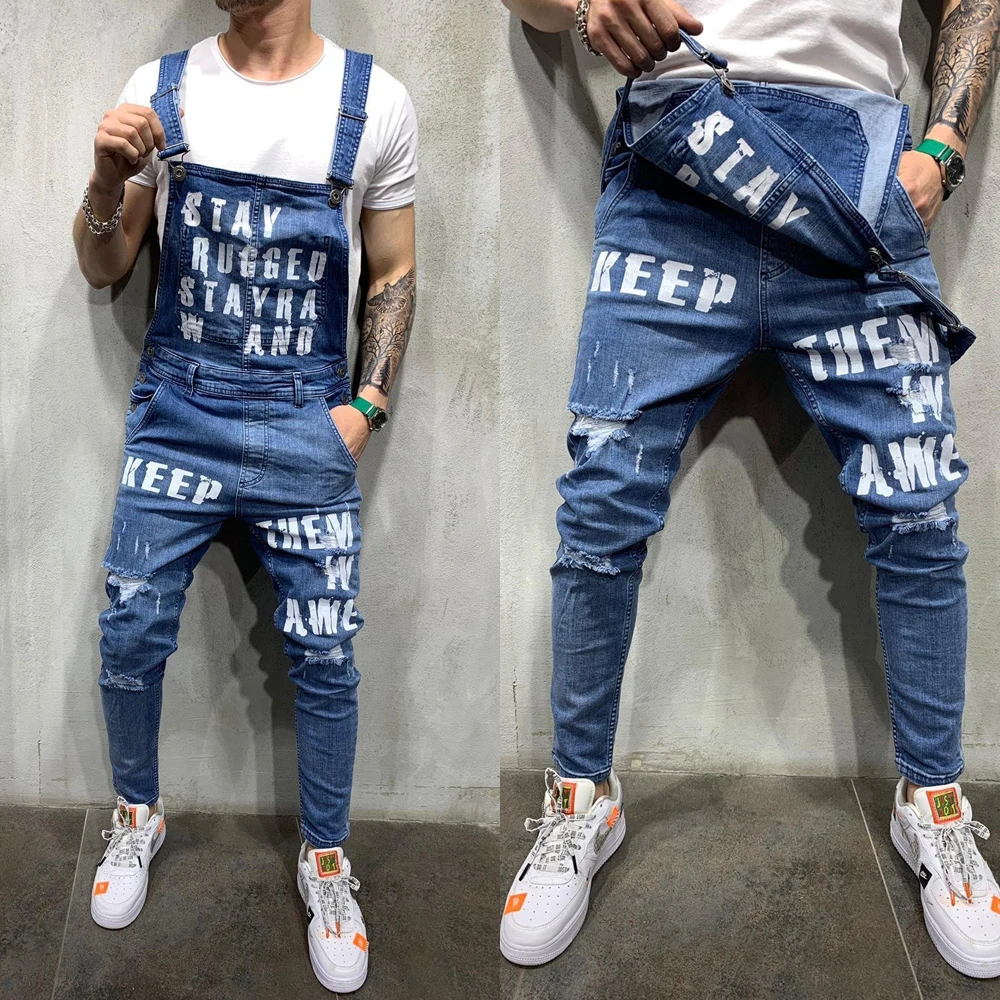 Мужские Модные джинсы Рваные штаны в обтяжку комбинезон на подтяжках повседневный комбинезон