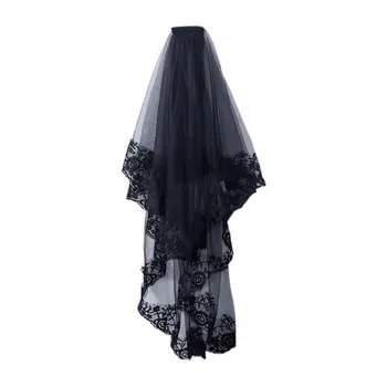 

2-Tier Women Halloween Cosplay Costume Black Mantilla Wedding Veil Embroidery Floral Lace Sheer Tulle Hair Accessories with Com