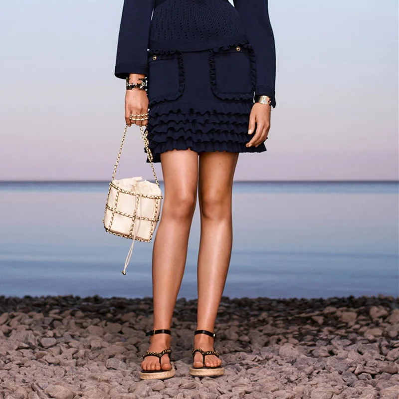 Подиумная Женская юбка с высокой талией и оборками трикотажная Мини-юбка