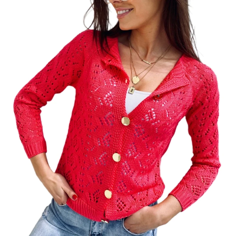 

Women Long Sleeve Thin Sweater Cardigan O-Neck Button Hollow Out Knitted Coat