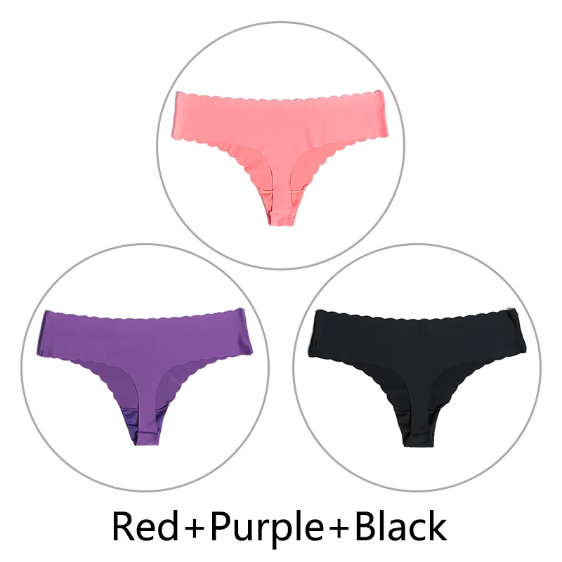 Red Purple Black 3 шт./партия ультра-тонкий открытый Шелковый бесшовный стринги с низкой посадкой, цельные сексуальные трусики-стринги, нижнее белье для женщин, танга XS-L, американский размер - Цвет: Red Purple Black