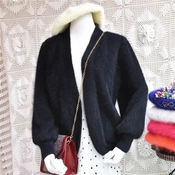 

Top mujer coat autumn winter clothes angora rabbit fur knitwear beading cardigans women jacket sweater on sale