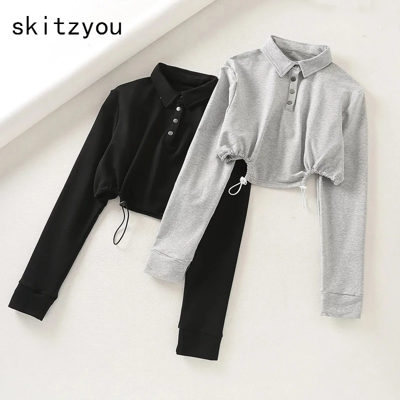 

skitzyou Autumn Women Casual Gray Short Top T Shirts Long Sleeve Female Black Front Buttons Crop Tops Loose Cotton Tee Jumpers
