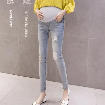 

860# Ripped Hole Thin Stretch Denim Maternity Skinny Jeans High Waist Cotton Belly Pencil Pants for Pregnant Women Pregnancy