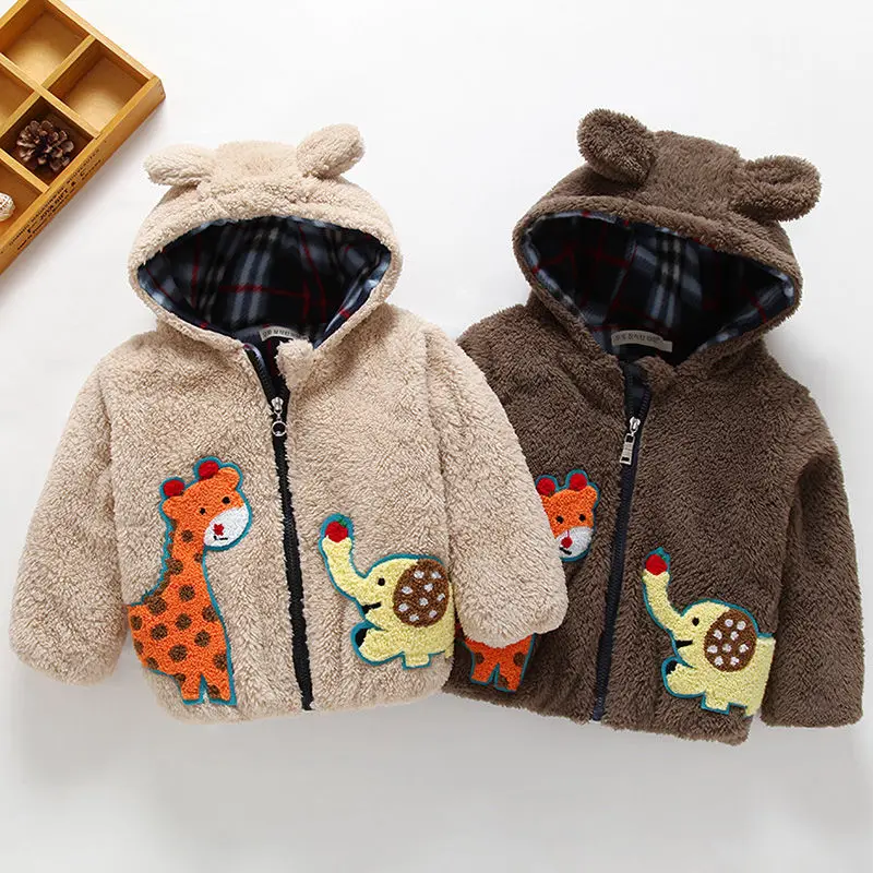 Boys and girls baby fur coat autumn/winter wear new plus-thick bear ears plus-feathered hooded small child coat