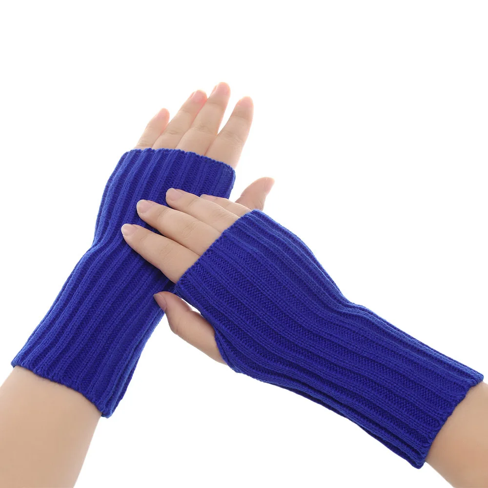 Style3-blue 1 Pair Fashion Autumn Winter Spring Warm Women Ladies Girl Solid Gloves Arm Warmer Long Fingerless Xmas Knitting Wool Mittens - Цвет: Style3-blue