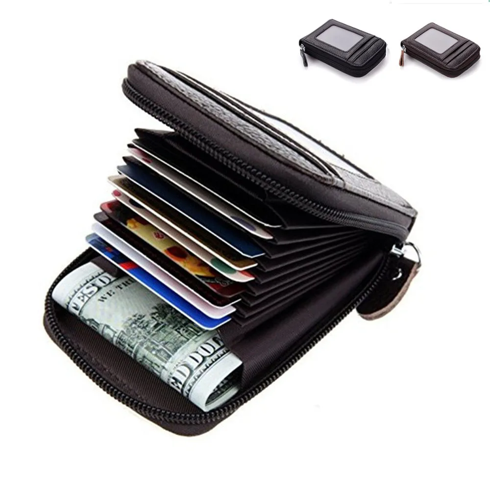 Vintage Genuine Leather Men's Wallet Credit Card Holder RFID Blocking Zipper Money Pouch Protect Case Pocket Purse| |