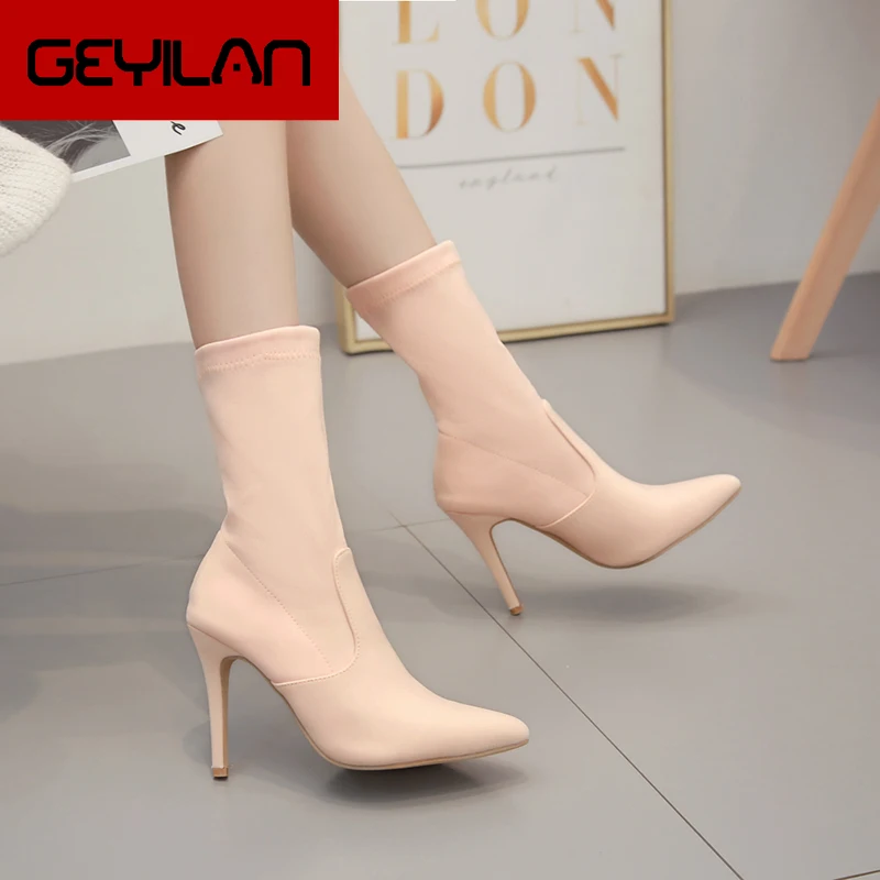 

2020 new fashion Women Fetish Sock luxury Boots 11.5cm High Heels Stretch Stiletto Pointed Heel Neon Pink Ankle Boots Peach Shoe