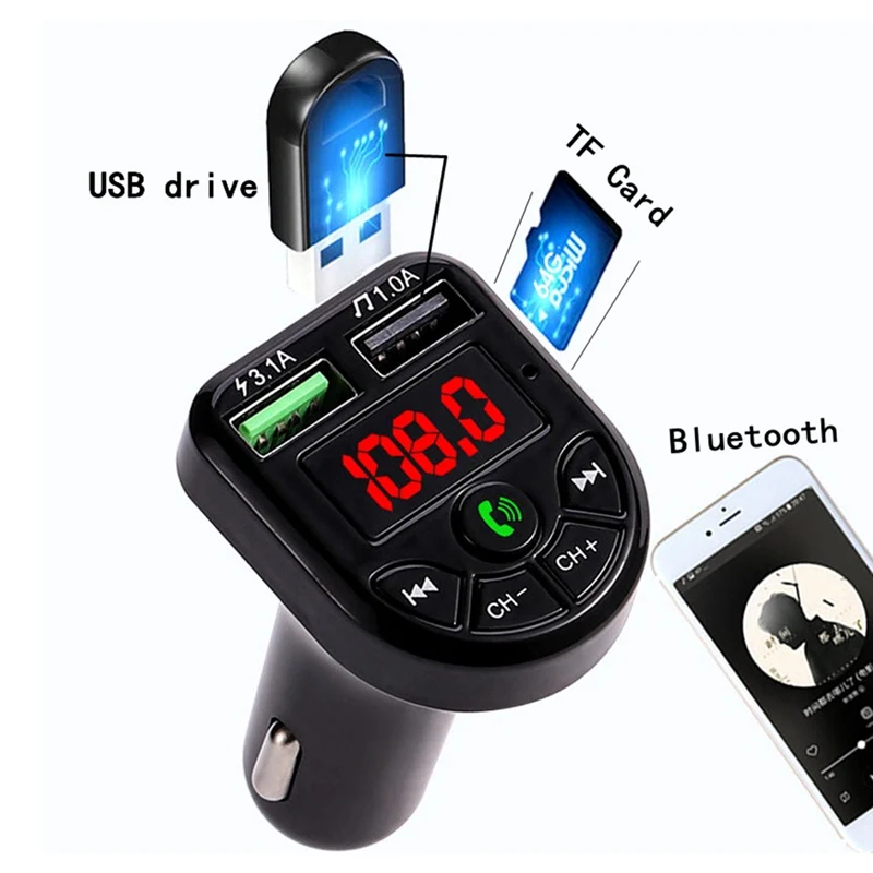 

USB Car Phone Charger Bluetooth 5.0FM MP3 Player 3.1A Dual TF Card USB Car Charger Cigarette Lighter Slot