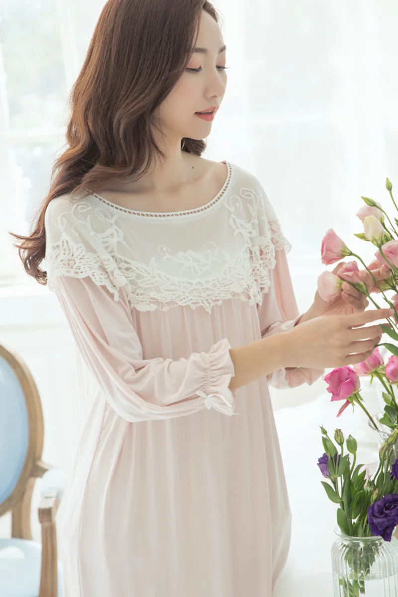 Spring And Autumn Nightgown Women's Autumn Long Sleeve Thin Modal Cotton Princess Court Porous Embroidered Floral Embroidered Tr
