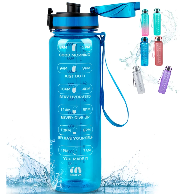 32 oz Glass Water Bottle with Time Marker Reminder, Removable Black Silicone Sleeve and Extra Lid