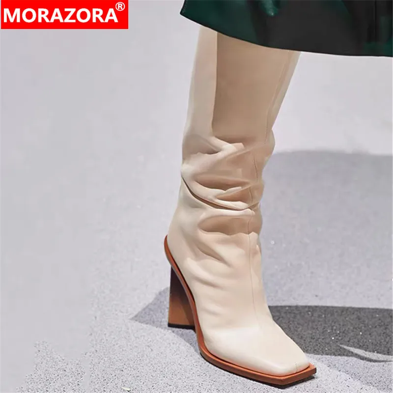 MORAZORA Size 34-43 INS Hot Microfiber Leather Boots Women Square Toe High Heels Women's Knee High Boots Western Boots Drop Ship