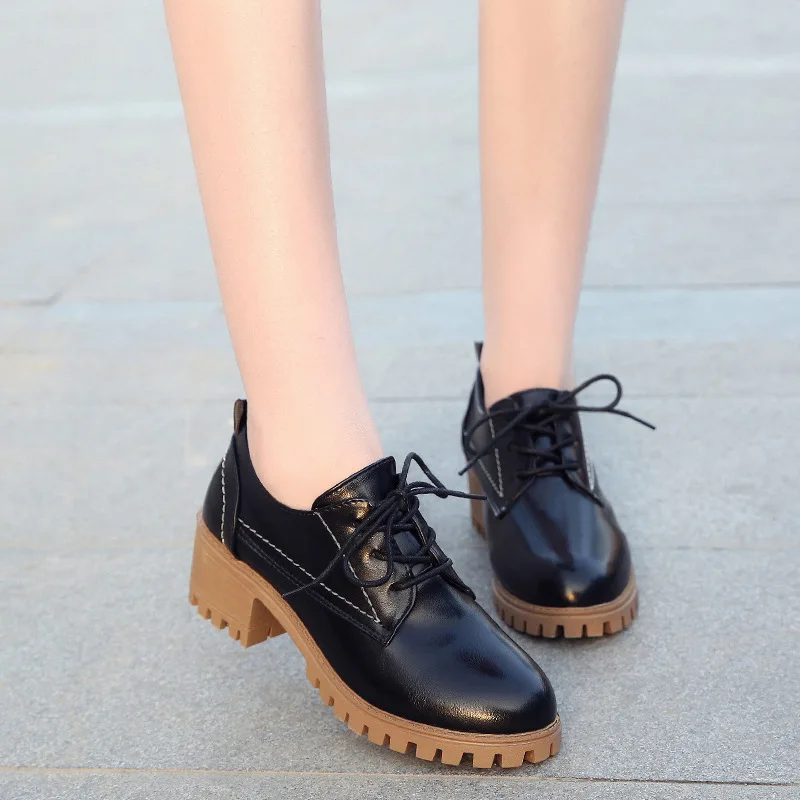 

INS Autumn Chunky-Heel Lace-up England Short Boots Women's Low Top Waterproof Platform Small Leather Shoes Semi-high Heeled Tren