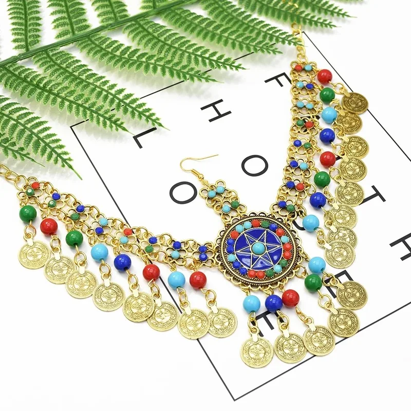 Модные украшения индийские богемные золотые монетки с тонким узором и цветными