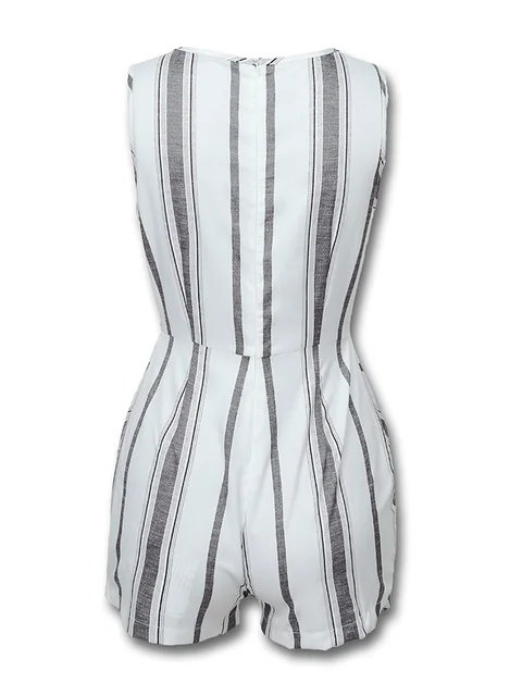 2020 Summer Women Elegant Casual Skinny Playsuit Female Workwear V-Neck Short Jumpsuit Sleeveless Striped Buttoned Design Romper 6