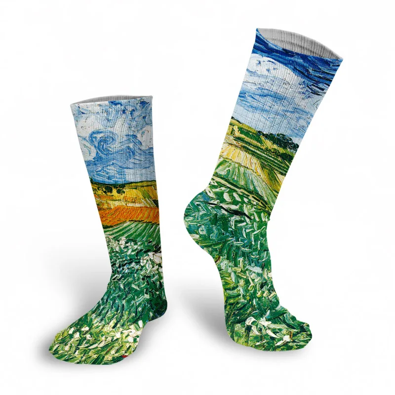 New Style Oil Painting Eiffel Tower Art Socks Men Women Pure Cotton Harajuku Retro Pastoral Scenery Happy Long Tube Funny Socks