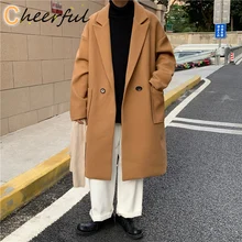 

Fashion Trench Men Woolen Cloth Coat Winter Warm Solid Long Trench Jacket One Button Business Casual Overcoat Male Streetwear