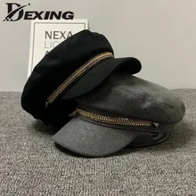 Новинка, осенне-зимние шерстяные военные береты с цепочкой для женщин, женская плоская шапка, черные женские береты для путешествий