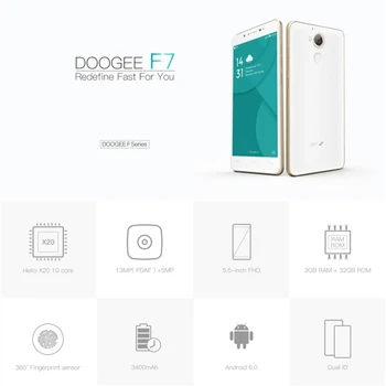 

DOOGEE F7 3GB 32GB Smartphone 4G LTE 5.5 inch IPS 1920x1080 Pixels Android 6.0 MTK6797 Fingerprint 13.0M 3400mAh Mobile Phones