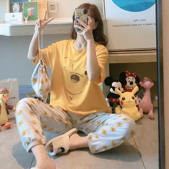 

Pajamas Women's Summer Short-sleeved Trousers Cloth Bag Pajamas Large Size Fat mm Loose-Fit Cute Winnie-the-pooh Homewear Set