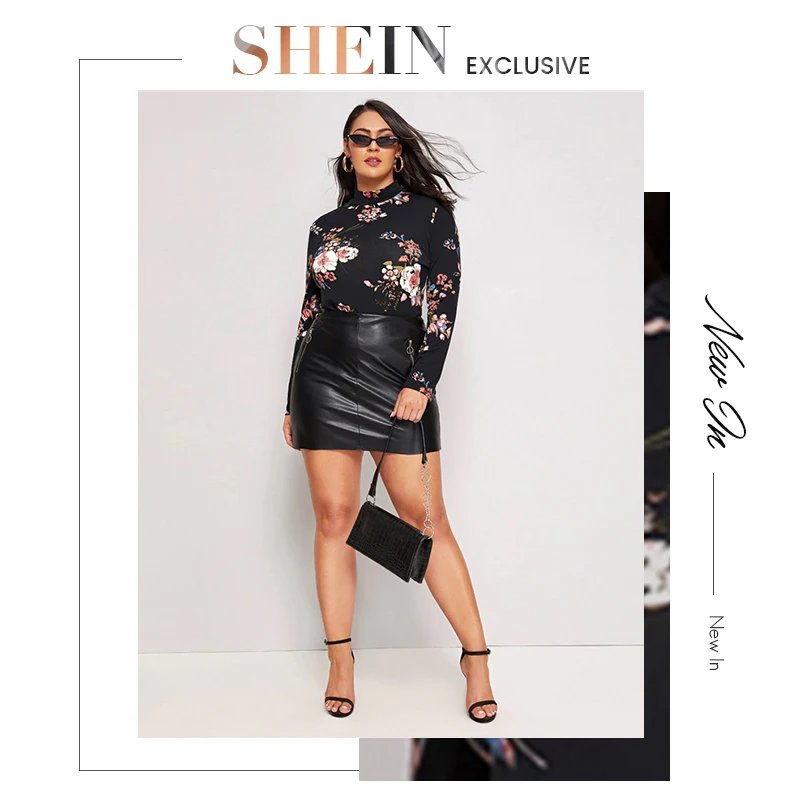 SHEIN размера плюс черный высокая горловина Цветочный принт футболка Для женщин осень Офисные женские туфли топы, с длинным рукавом, облегающая, эластичные элегантные футболки