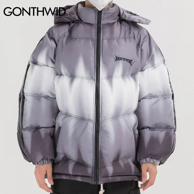 GONTHWID 3 м Светоотражающие Полосы Tie Dye Puffer хлопковые стеганые съемные парки с капюшоном уличная хип-хоп Повседневная Толстая парка куртка