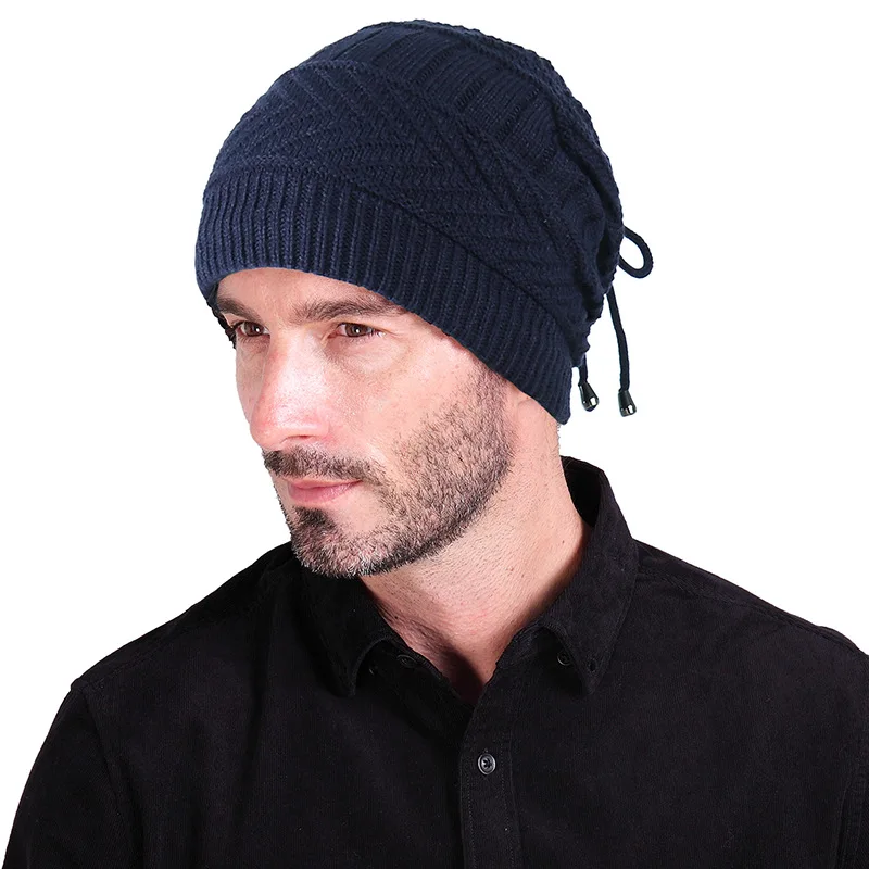Skullies Beanies Мода осень и зима многоцелевой складной для унисекс Открытый плюс бархат вязаная шляпа теплая дикая шапка - Цвет: Тёмно-синий