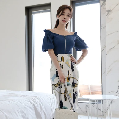 

Summer Slash Neck Lantern Sleeve Top Two Piece Set Top And Skirt Set Sheath Print Two Piece Skirt Set Elastic Waist My129