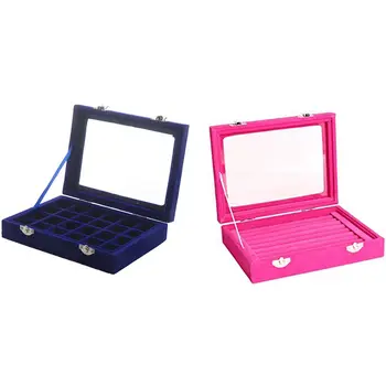 

24 Grid Display Box Jewelry Storage Glass Bracelet Watch Pillow Buckle Blue with Jewelry Box Organizer 8 Grids