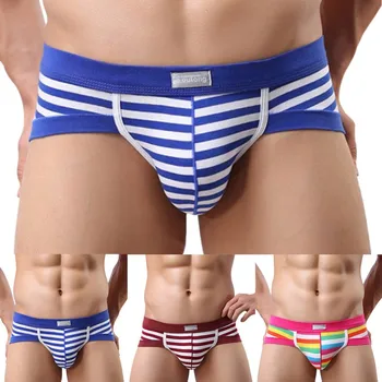 

B 2020 Fashion New Men Cotton Briefs Colorful Khaki Blue Striped Shorts Underpants Low Waist Panties Knickers L-3XL