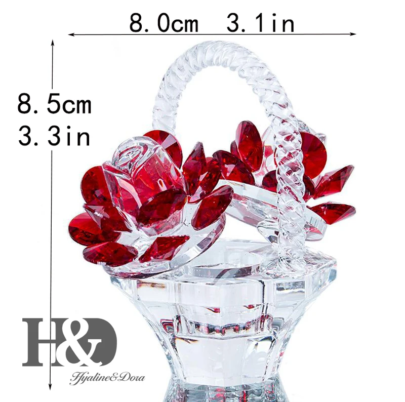 H&D Crystal Basket Figurine with Rose Art Glass Craft Ornaments Home Decor Wedding Anniversary Valentine's Day Christmas Gift