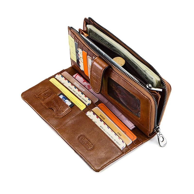 Name Carving Zipper Poucht Genuine Cow Long Leather Wallets Purse Card Holder Vintage Wallet Men with Coin Purse Pocket