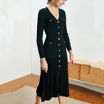 

Autumn Black Knitted Dress Women's V neck Single Breasted Long Sleeve Bodycon Dress 2020 Mermaid Midi-cal Long Sweater Dress