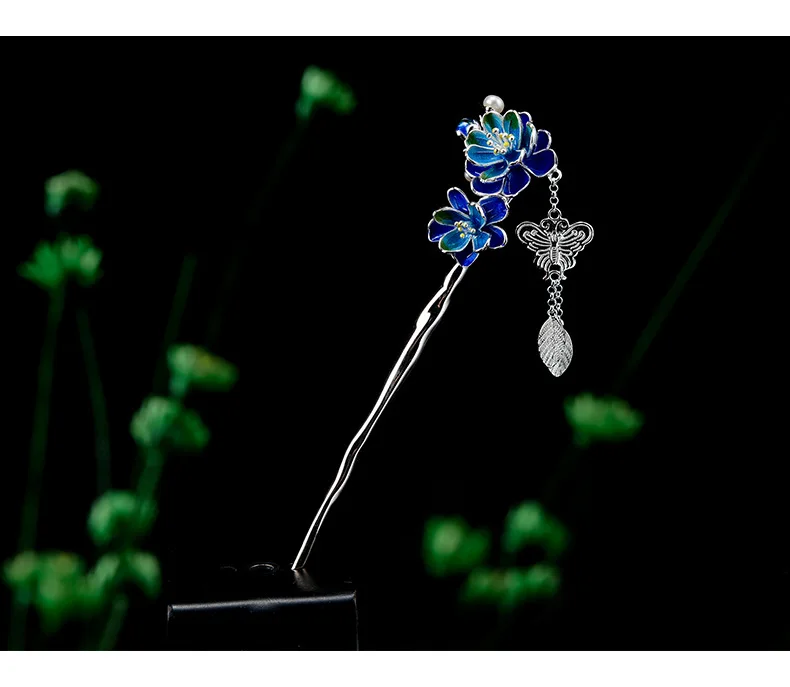 925 Sterling Silver Hair Sticks Blue Enamel Flower Hair Accessory for Women Wedding Pearl Butterfly Tassel Handmade Bridal Tiara