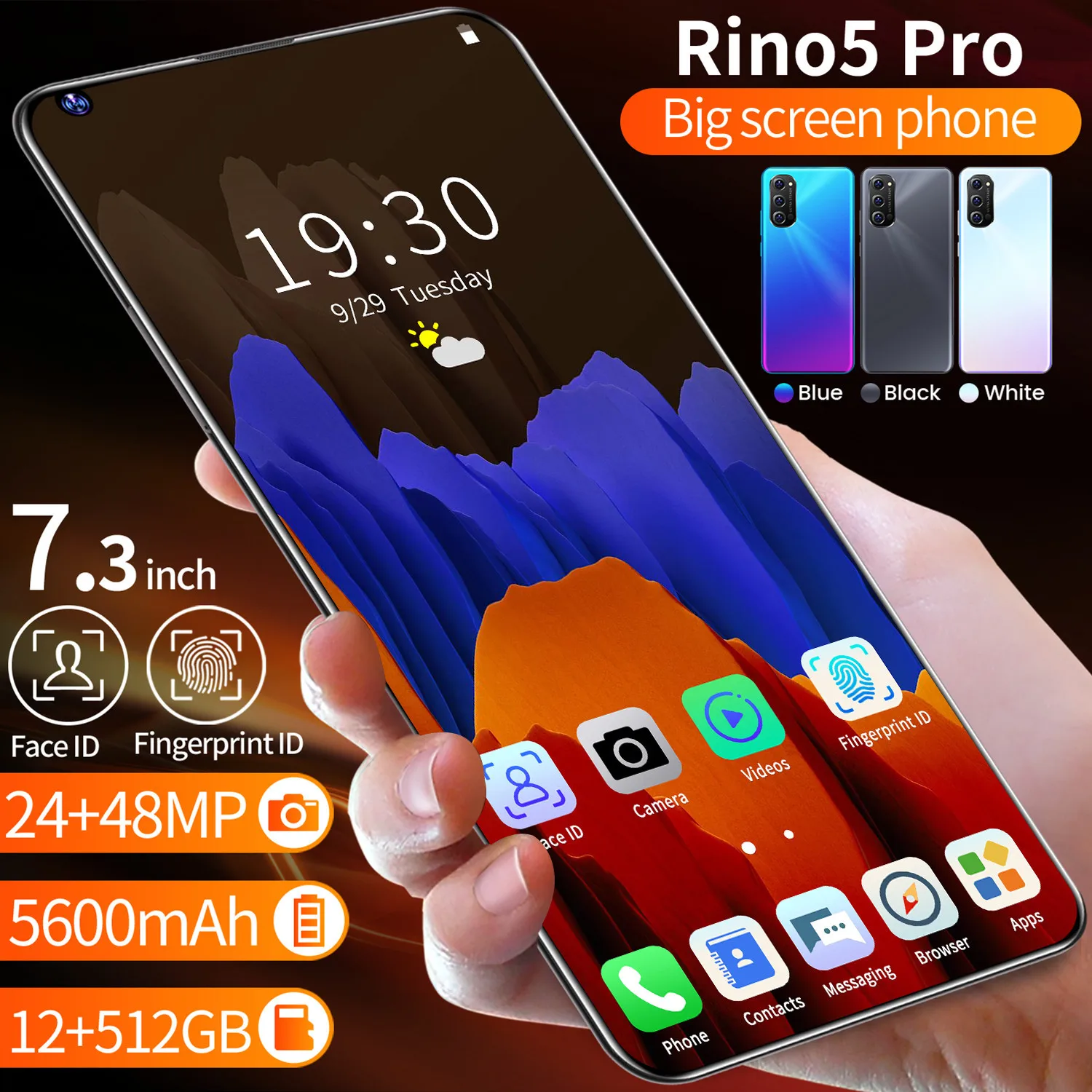 Global Version Rino5 Pro 7.3 Inch 12GB RAM 512GB ROM 24+48MP Andriod Smartphones 10 Core MTK6889 Dual SIM 4G LTE 5G Cell Phone
