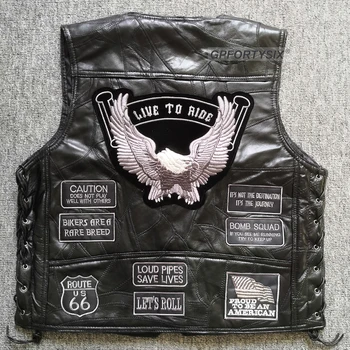 

Men's Black Genuine Sheepskin Leather Motorcycle Classic Vest Motocross Jacket Patches US Flag Eagle Biker Vests Moto Coat S-4XL