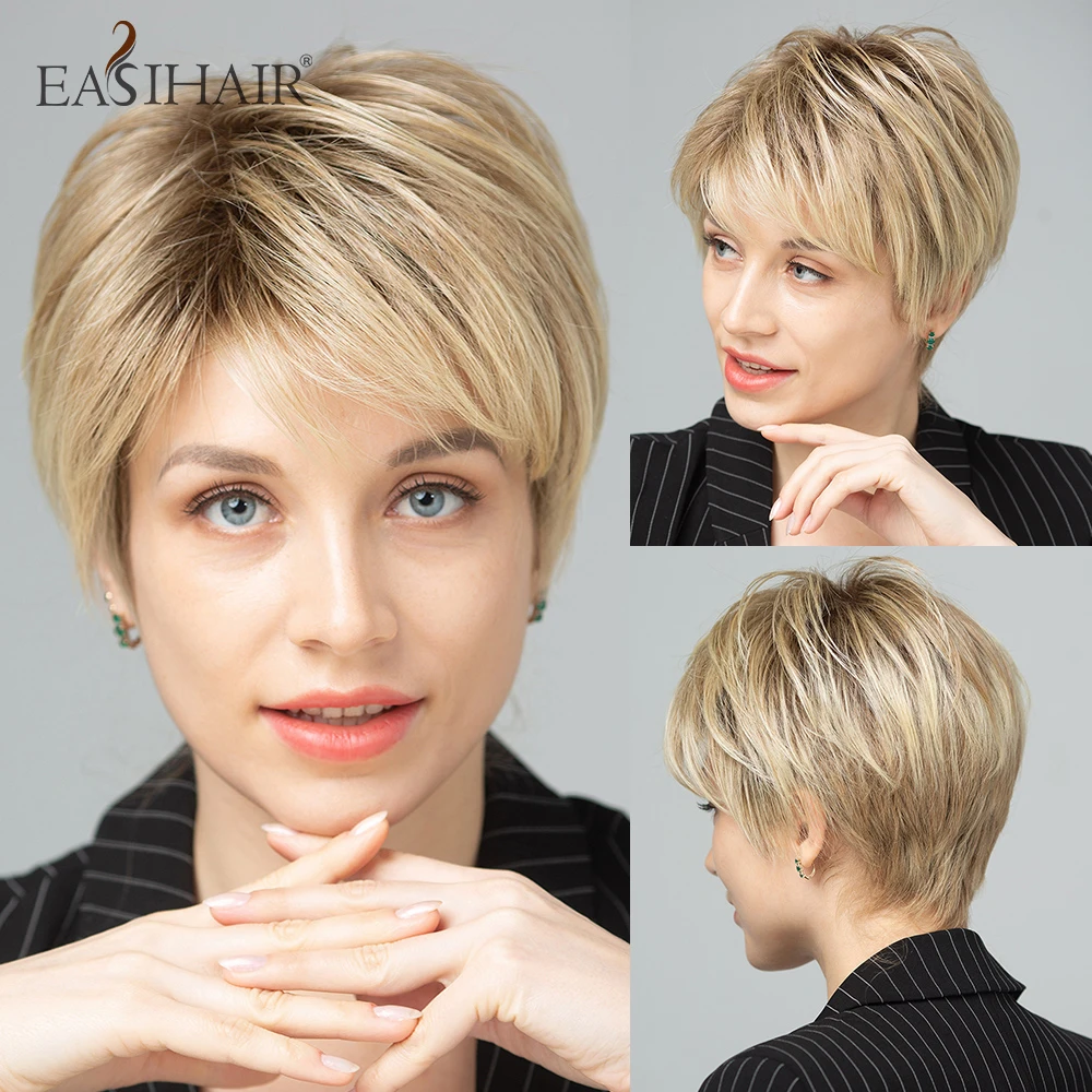 EASIHAIR Blonde Ombre Short Wigs Synthetic Hair Wigs for Women Natural Futura Hair With Bangs Daily Wigs Heat Resistant